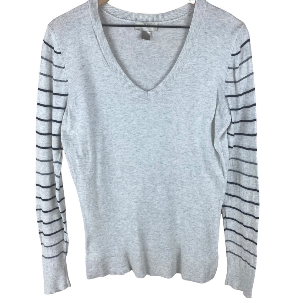Loft Gray Lightweight Sweater Striped Sleeves Med